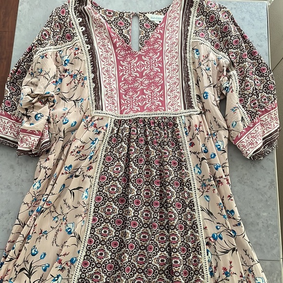 Sundance Everyday Dream Dress pink brown cream boho floral crochet loose size S - Picture 8 of 16